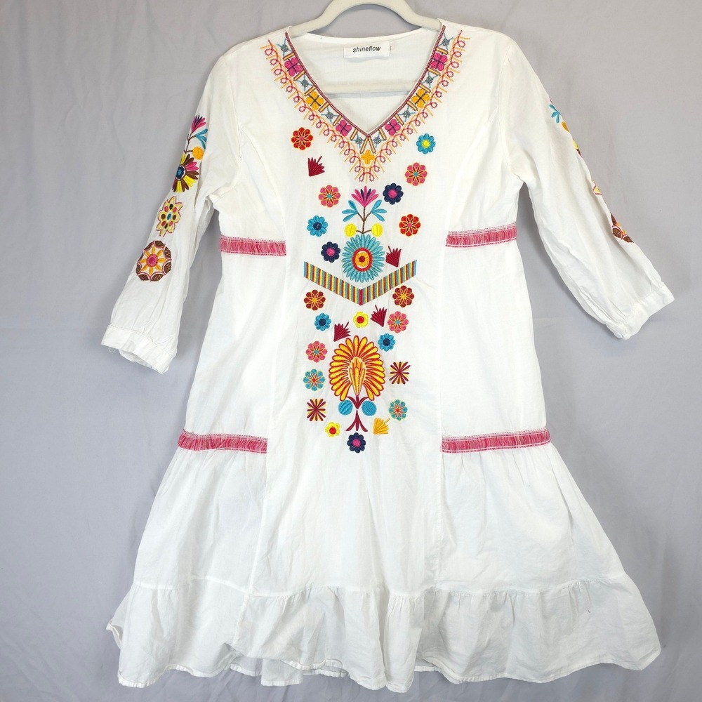 Shineflow White Embroidered Floral V Neck‎ Bohemian Tunic Dress Size M